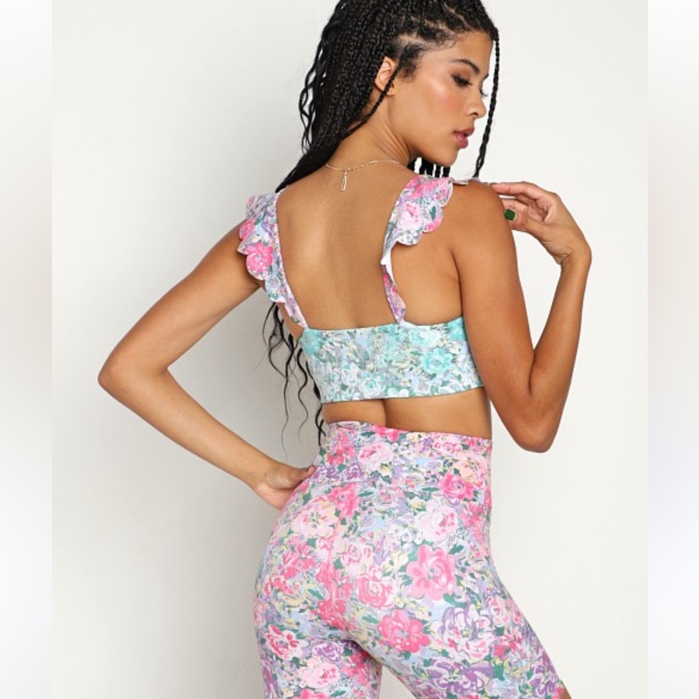 Beach Riot Blue and Pink Sports Bra with Asymmetrical Ruffle